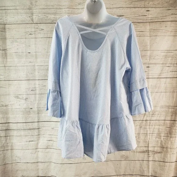 Pleione Womens Ruffle Hem Top Sz Medium Blue White Striped 3/4 Sleeve Cotton - Picture 4 of 6